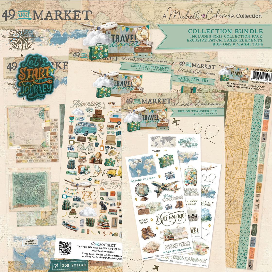 Collection bundle from 49 and Market with travel-themed elements on a beige background.