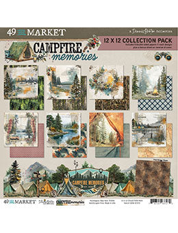A 12x12 collection pack of scrapbooking paper sheets from Market by Transfers Designs, themed around 'Campfire memories'. The packaging displays a collage of various nature-themed papers including forests, lakes, mountains, and cozy campsite scenes.