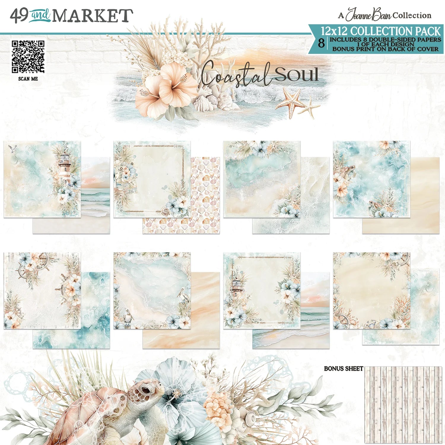 Collection of paper sheets with coastal-themed designs on a white background, featuring flowers and nature elements.
