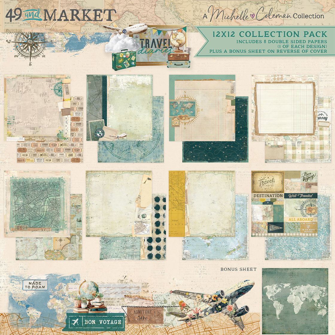 Collection pack with travel-themed design elements on a beige background