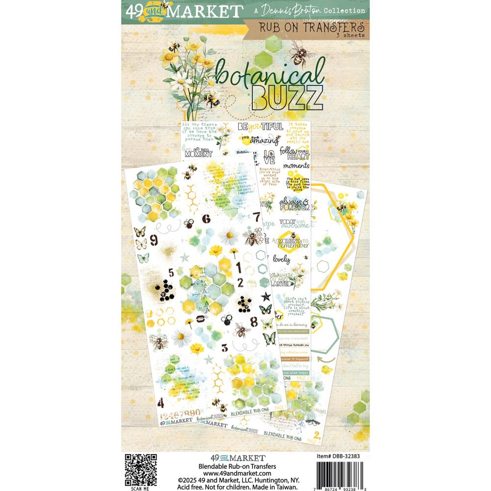 49 and Market Rub-On Transfer Set – Botanical Buzz with butterflies, hexagons, and word art designs