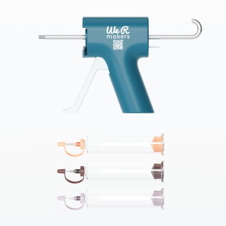Blue gun with interchangeable nozzles on a white background, featuring the 'We R Makers' brand.