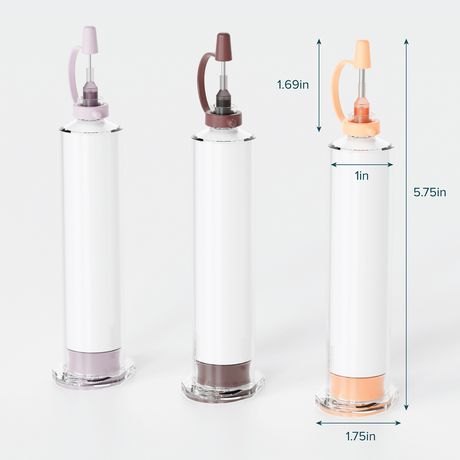 Three clear glass bottles with different colored caps on a white background, with measurements indicated.