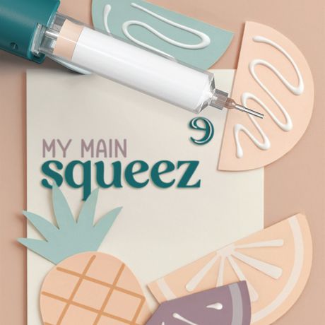 Decorative tool with 'My Main Squeez' branding on a beige background with fruit illustrations.