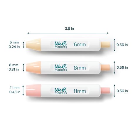 Three markers with dimensions labeled on a white background