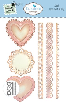 Decorative elements with heart shapes and lace on a white background, featuring Elizabeth Craft Designs branding.