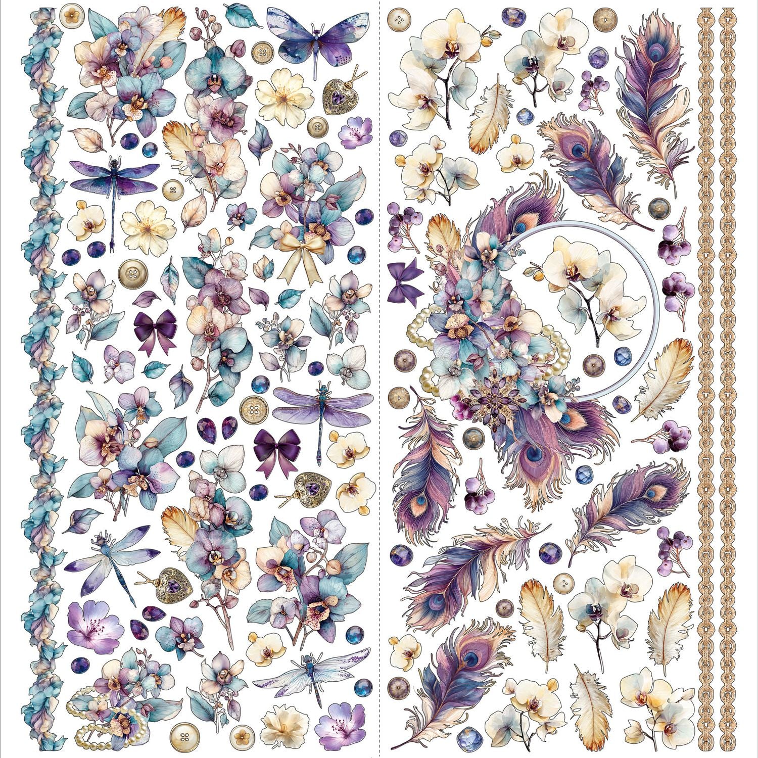 Decorative sheet with floral, butterfly, and feather designs on a white background.
