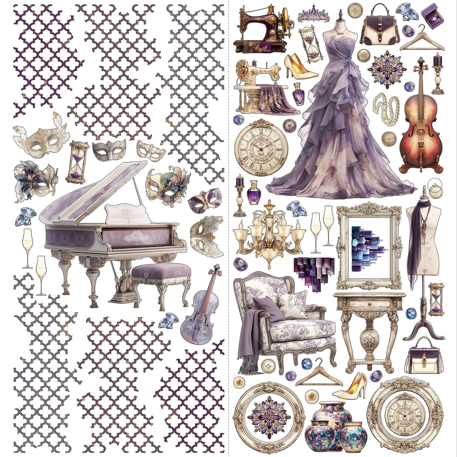 Collage of decorative items including a grand piano, purple dress, and various accessories on a white background.