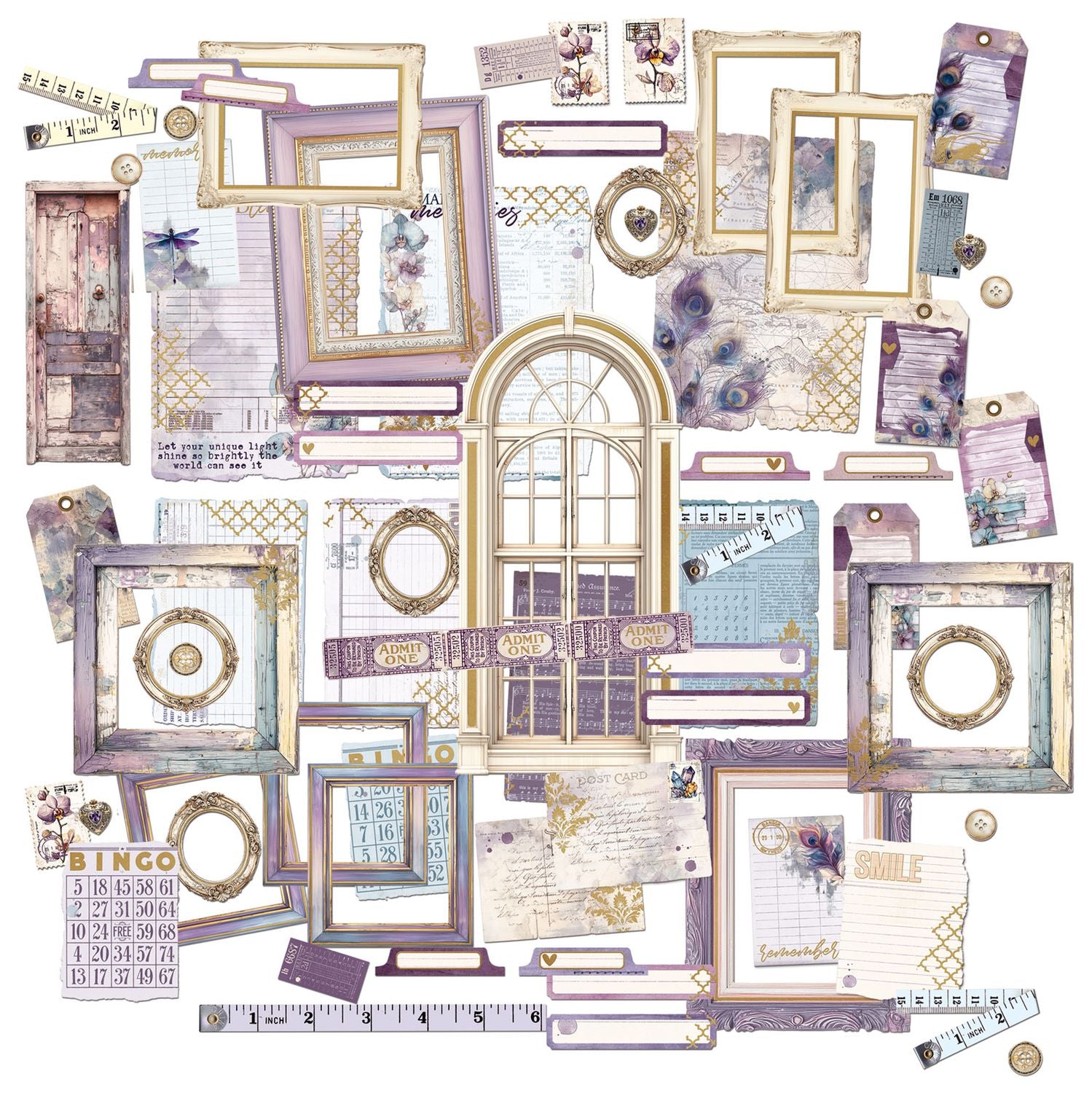 Collection of decorative paper elements including frames, labels, and patterns on a white background