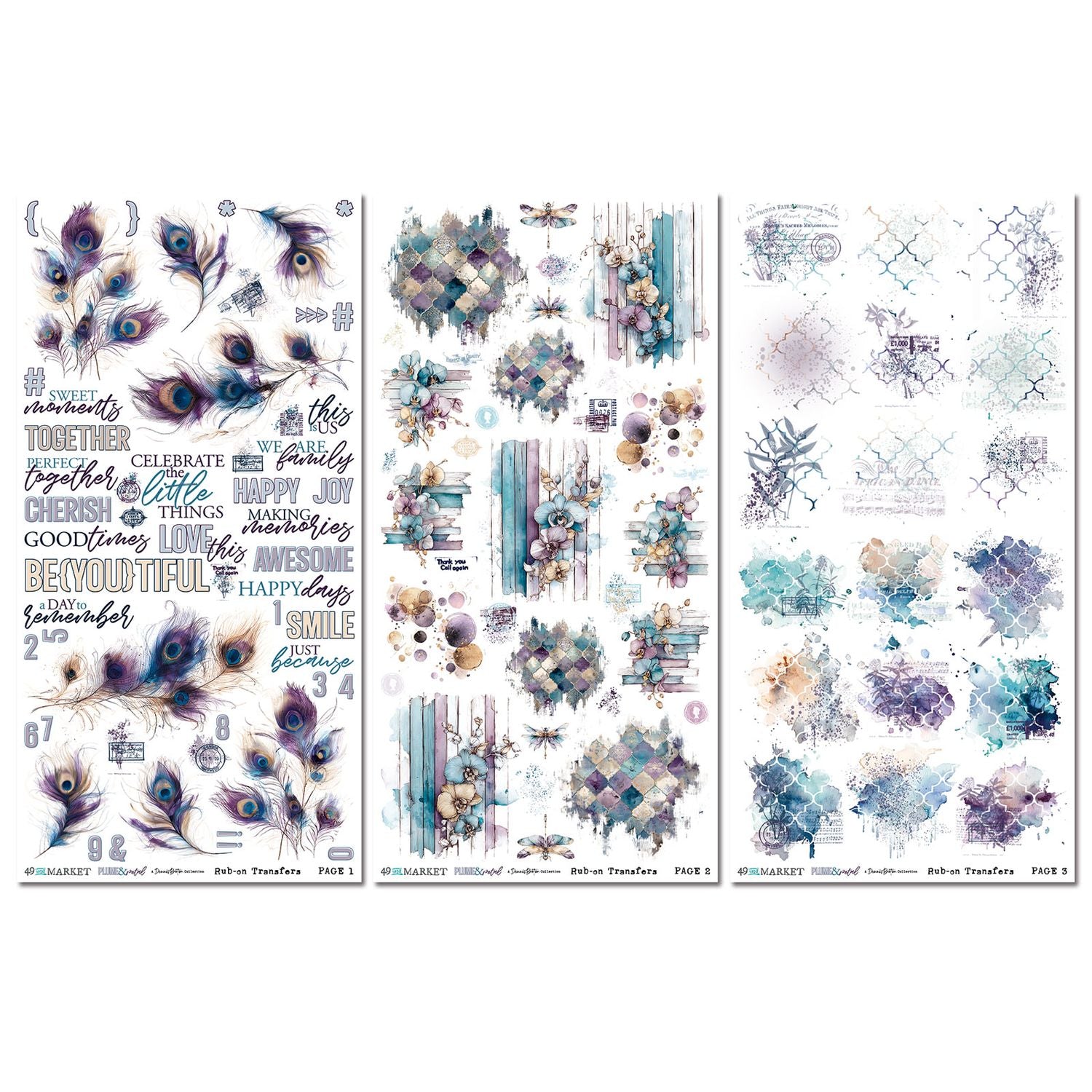 Set of decorative paper templates with floral, peacock feather, and text designs on a white background.