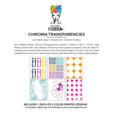 Promotional image of Dina Wakley Media Chroma Transparencies with patterned sheets and branding.