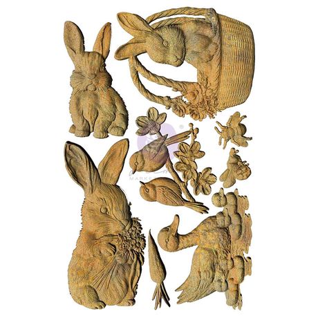 Collection of decorative rabbit and bird figurines on a white background