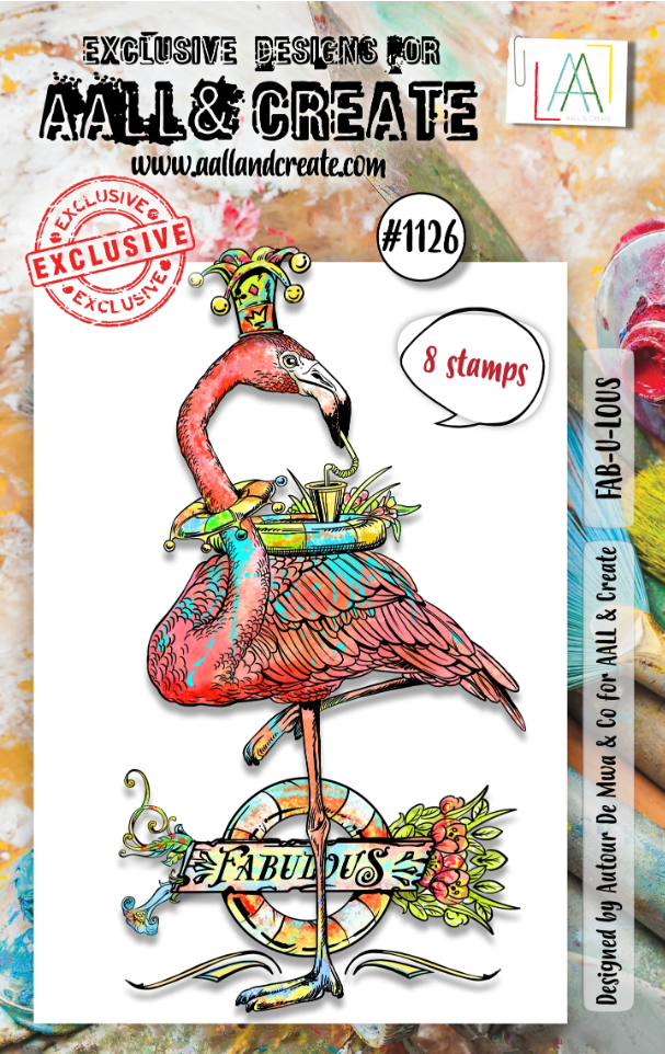 A clear stamp sheet featuring a flamingo illustration with colorful tropical and floral details, shown on a white background with branding text for All & Create and a stamp count of 8.