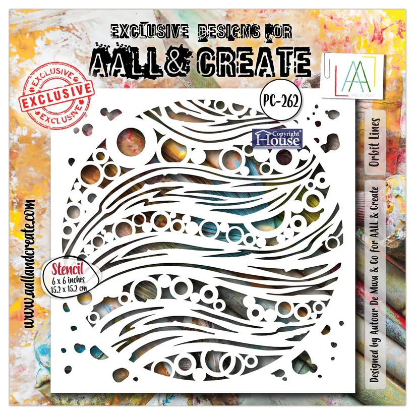 A square product graphic for a stencil design by AALL & CREATE, showing a white stencil sheet with an abstract wavy cutout pattern over a colorful painted background. Text includes 'EXCLUSIVE DESIGNS FOR AALL & CREATE', 'PC-262', 'Stencil 6 x 6 inches (15.