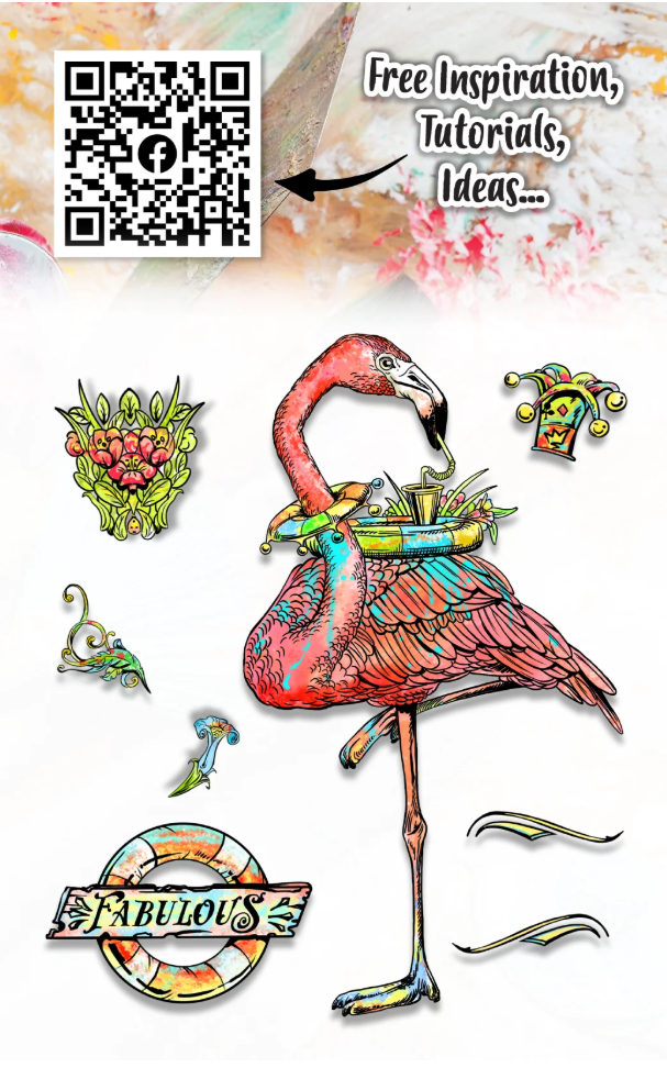 A collage-style product graphic featuring a flamingo illustration with decorative accessories and small motifs on a white background. A QR code appears in the upper left with text reading 'Free Inspiration, Tutorials, Ideas.