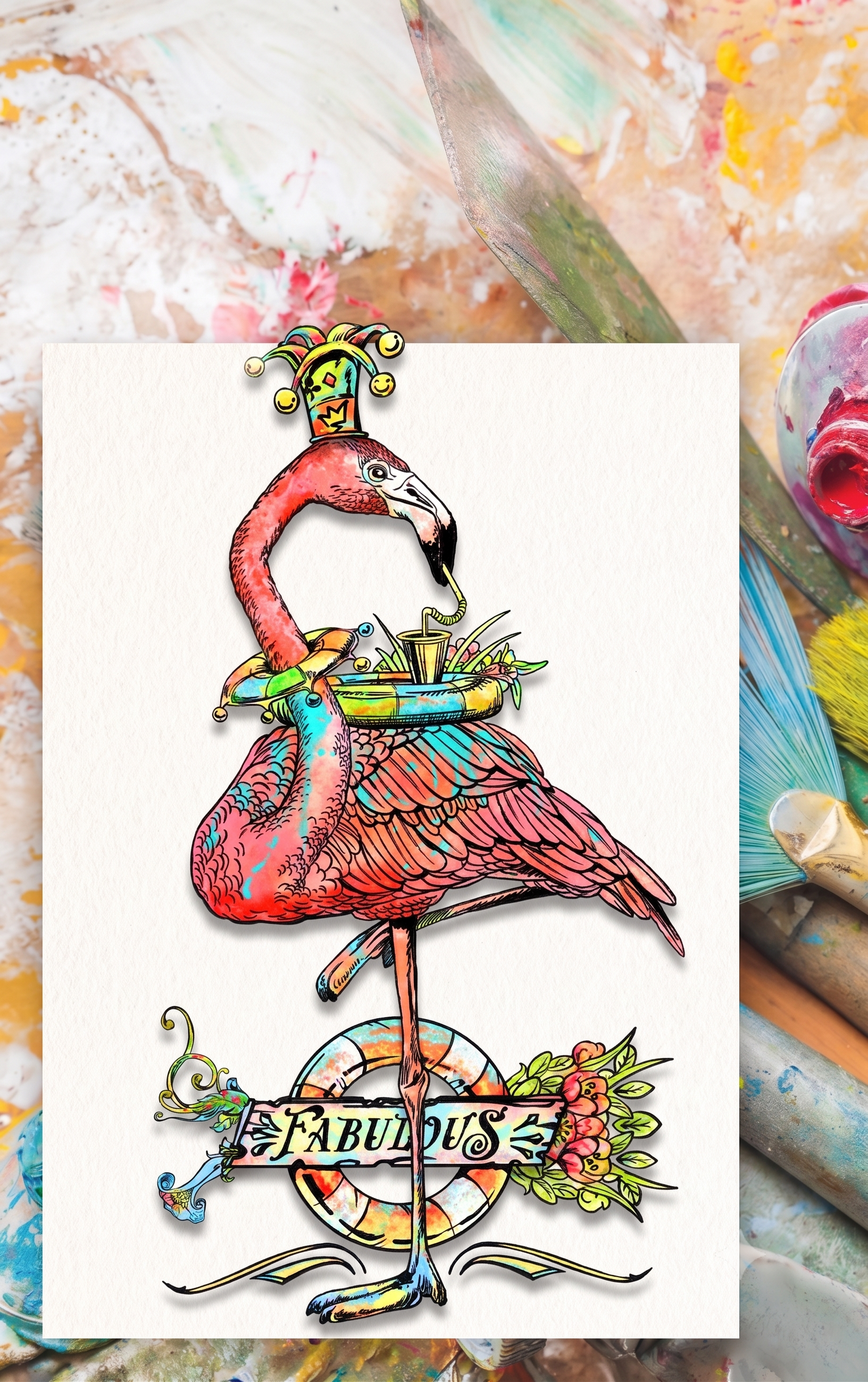 A colorful art print featuring a stylized flamingo holding paintbrushes, with the word 'FABULOUS' and decorative floral elements, shown against a painter's palette background.