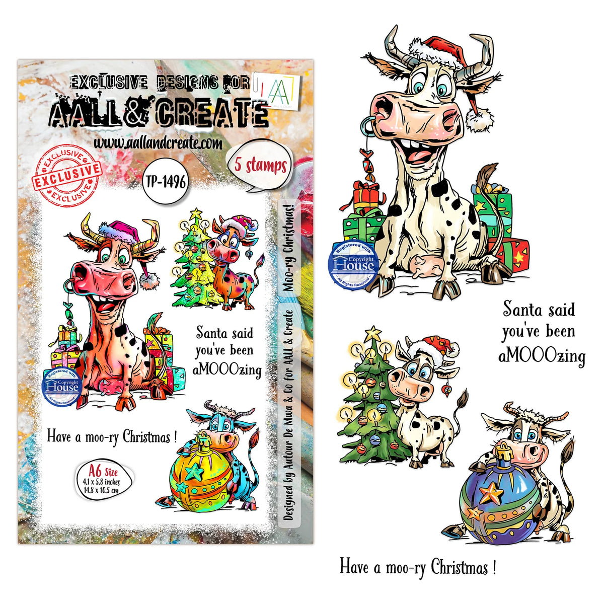 Christmas themed cow stamps by AALL and Create