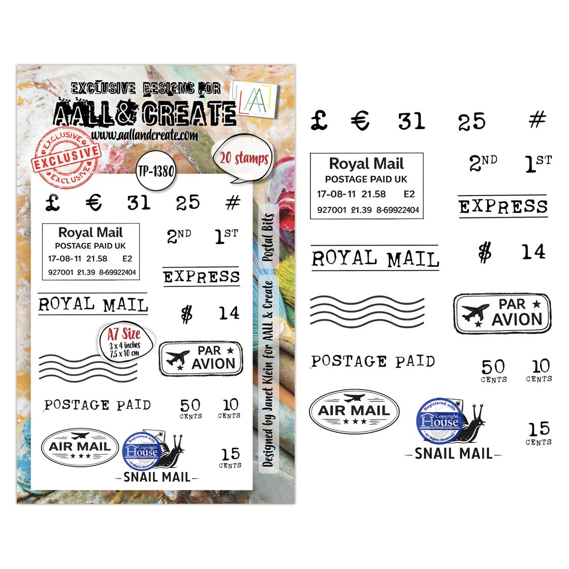 Collection of postage stamps and mail labels with 'Aval & Create' branding.