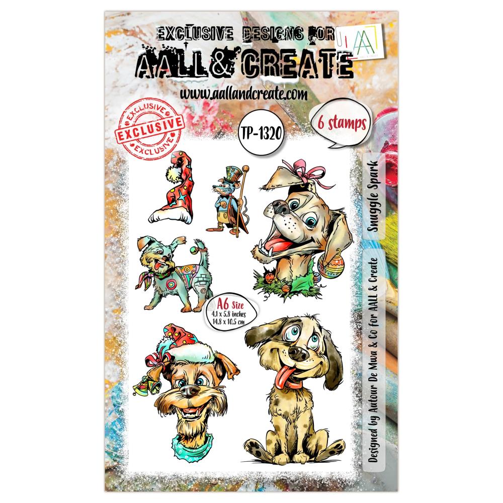 Aall & Create stamp set with cartoon dog designs on a colorful background