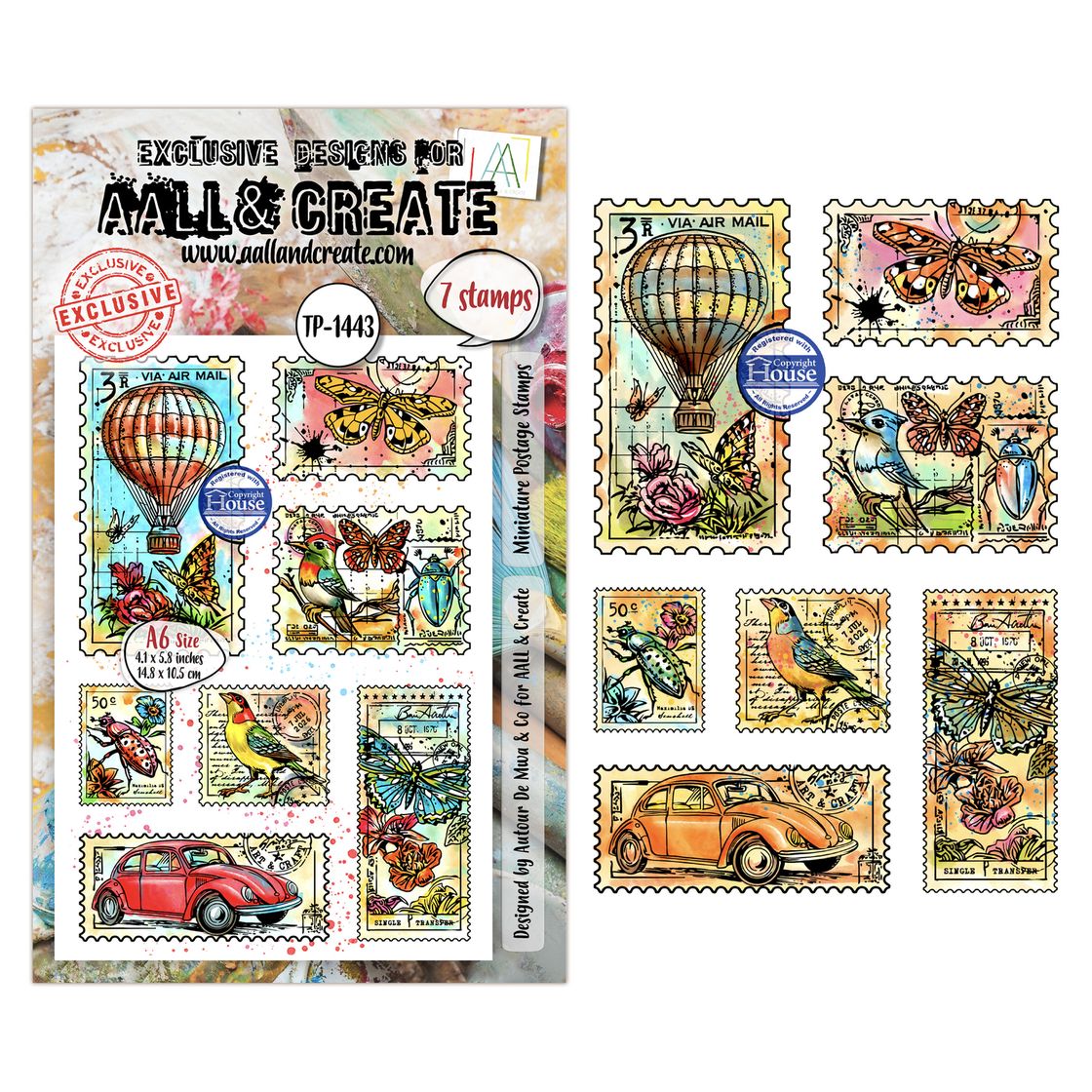 Collection of vintage-style stamps with hot air balloons, cars, and nature elements on a white background.