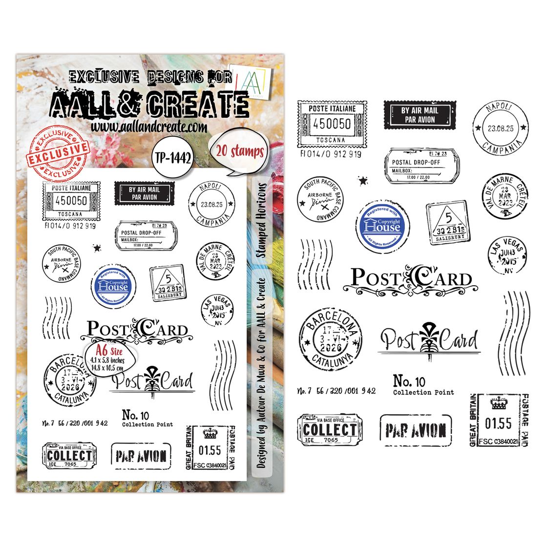 Collection of vintage-style stamps and labels on a colorful background with 'Avalon Create' branding.