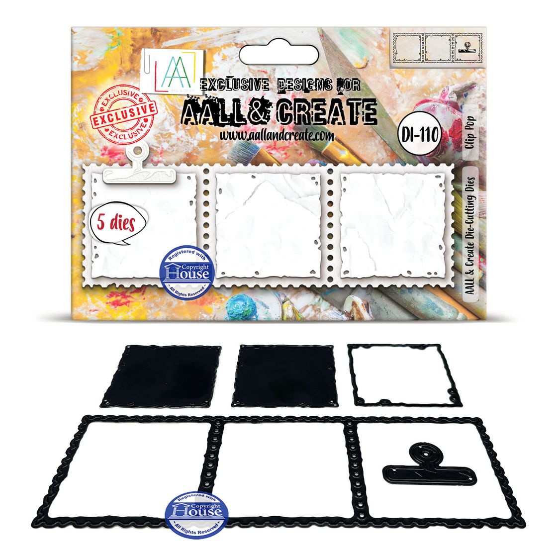 Aall & Create die set packaging with included dies on a white background