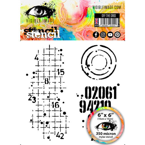 Stencil with grid pattern and circular design on a colorful packaging background