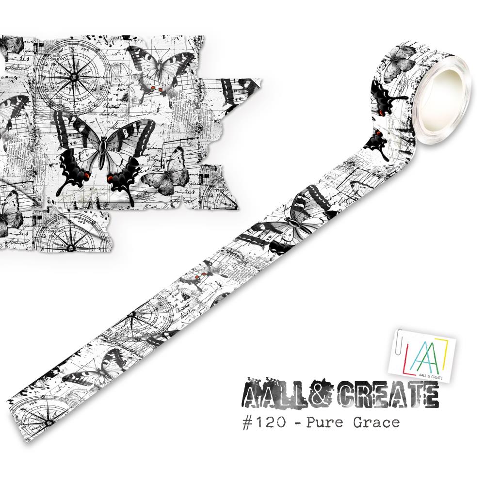 Decorative tape with black and white butterfly design on a white background