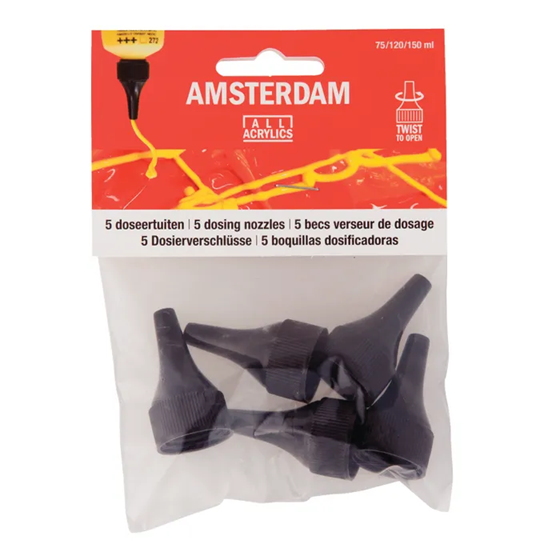 Pack of Amsterdam all acrylics dosing nozzles with red packaging on a white background