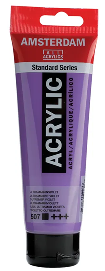 Amsterdam acrylic paint tube in ultramarine violet on a white background
