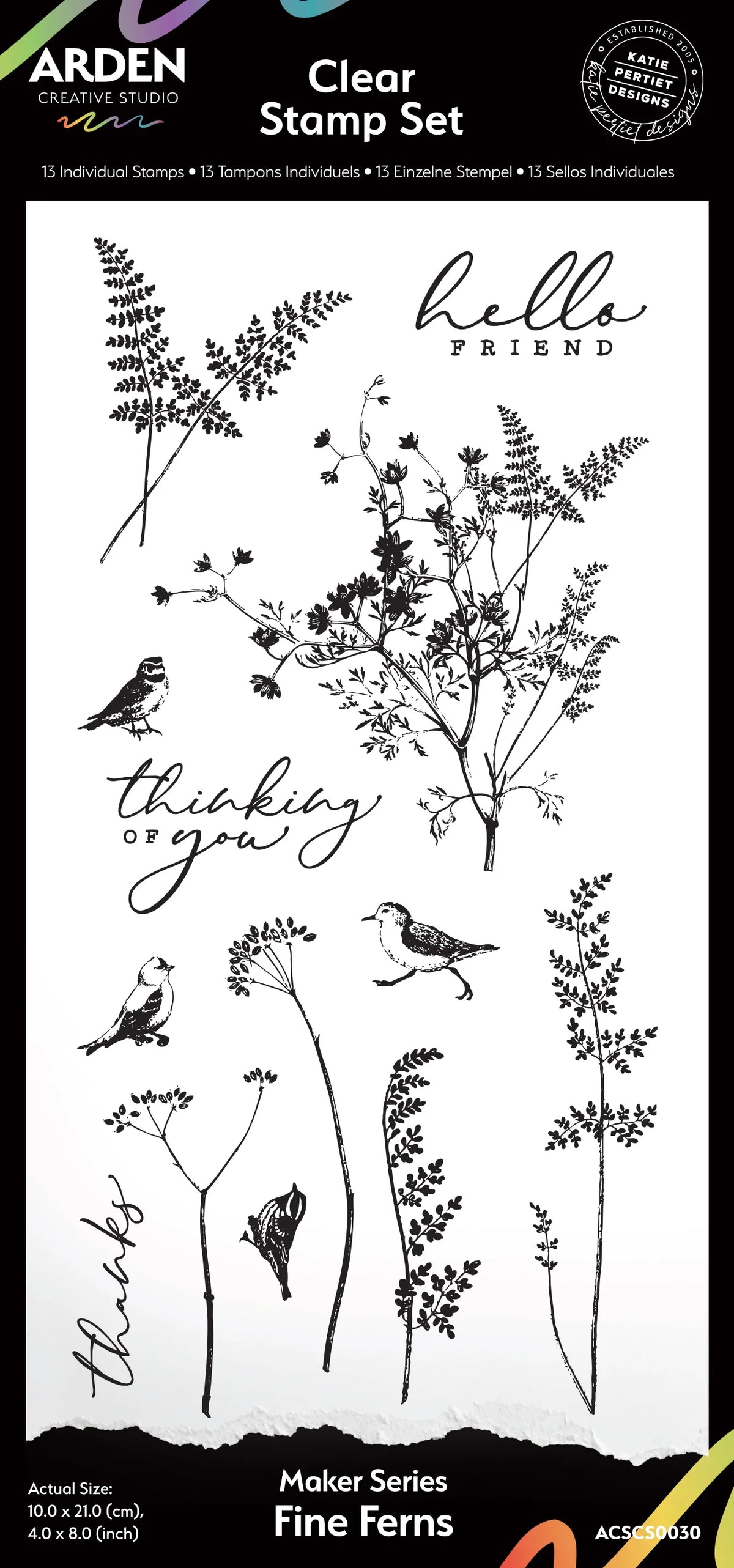 Aerden Clear Stamp Set 'Fine Ferns' Maker Series, featuring 15 individual stamps and 15 engravings on a clear stamp block. The design includes various delicate fern species, two small birds, and elegant script phrases like 'hello FRIEND' and 'thanks'.