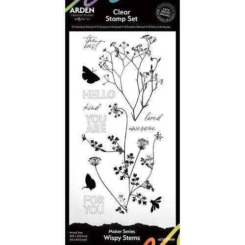 Arden Crafts Clear Stamp Set featuring Wispy Stems, shown in its retail packaging. The package contains 12 embossed stamps and 12 laser engravings in black and gray, depicting botanical designs like wildflowers, a butterfly, and inspirational quotes.