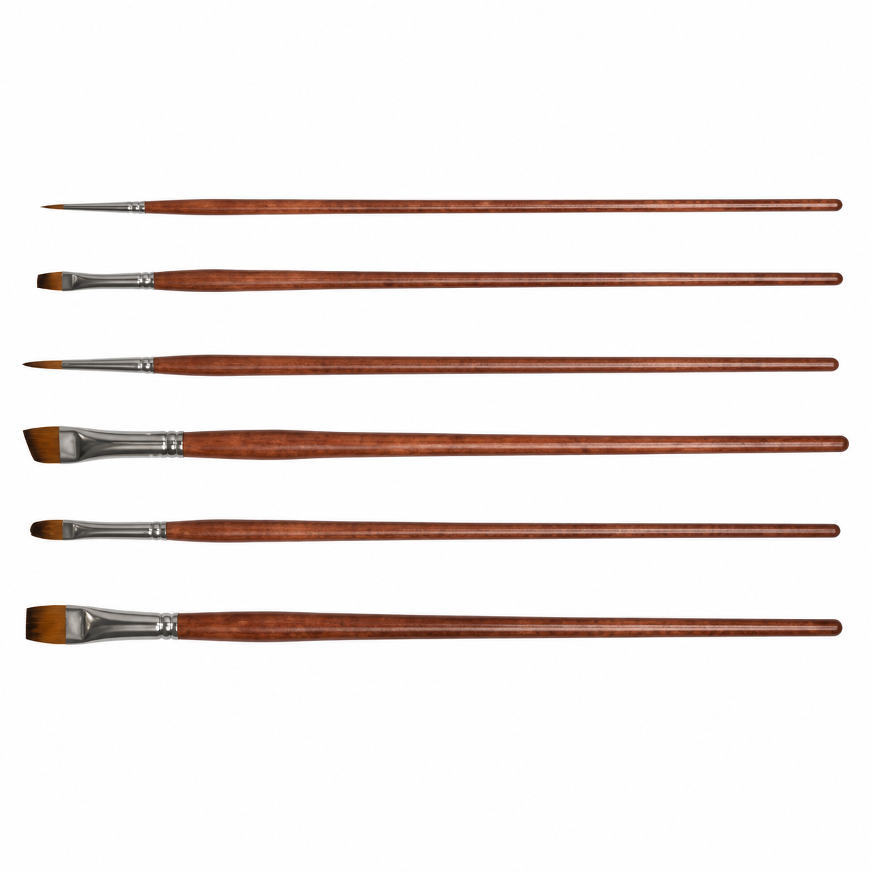 Six paintbrushes with brown wooden handles and silver metal ferrules, arranged horizontally in ascending size order on a plain white background.