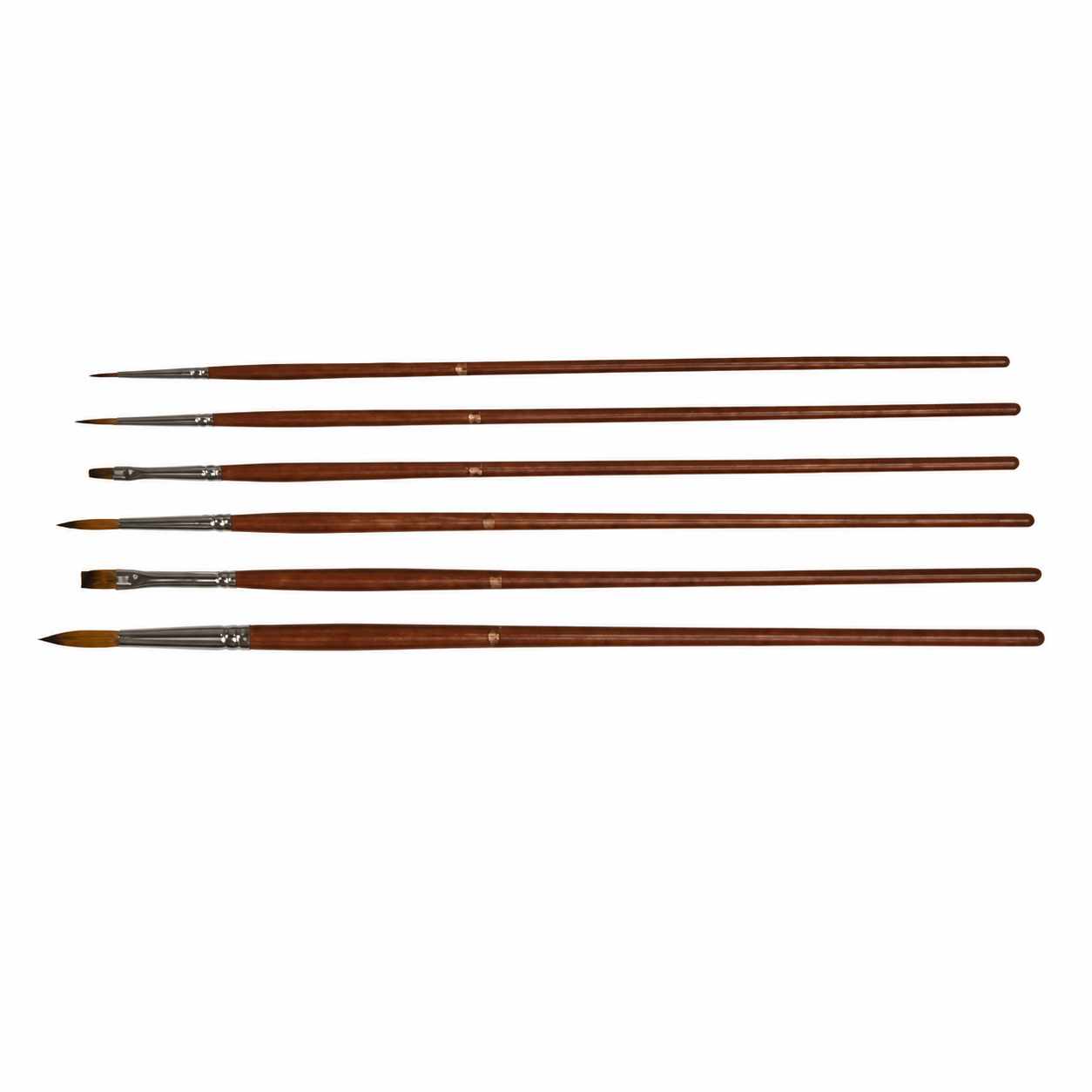 Six fine art paintbrushes with brown wooden handles and silver ferrules, arranged horizontally on a plain white background.