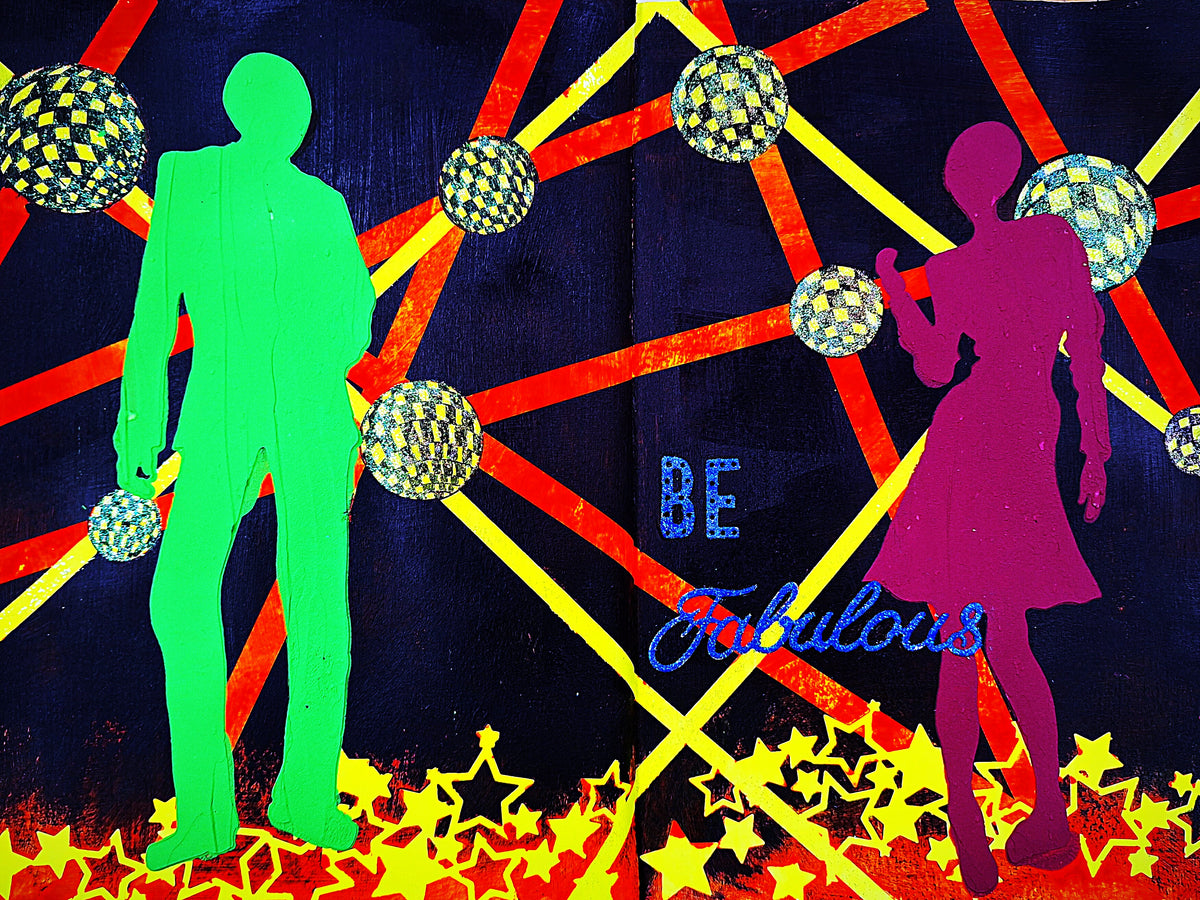 A vibrant pop-art style print featuring a bright green male silhouette and a magenta female silhouette on a dark navy background with red and yellow intersecting lines, disco ball motifs, and the text 'BE Fabulous' at the bottom.