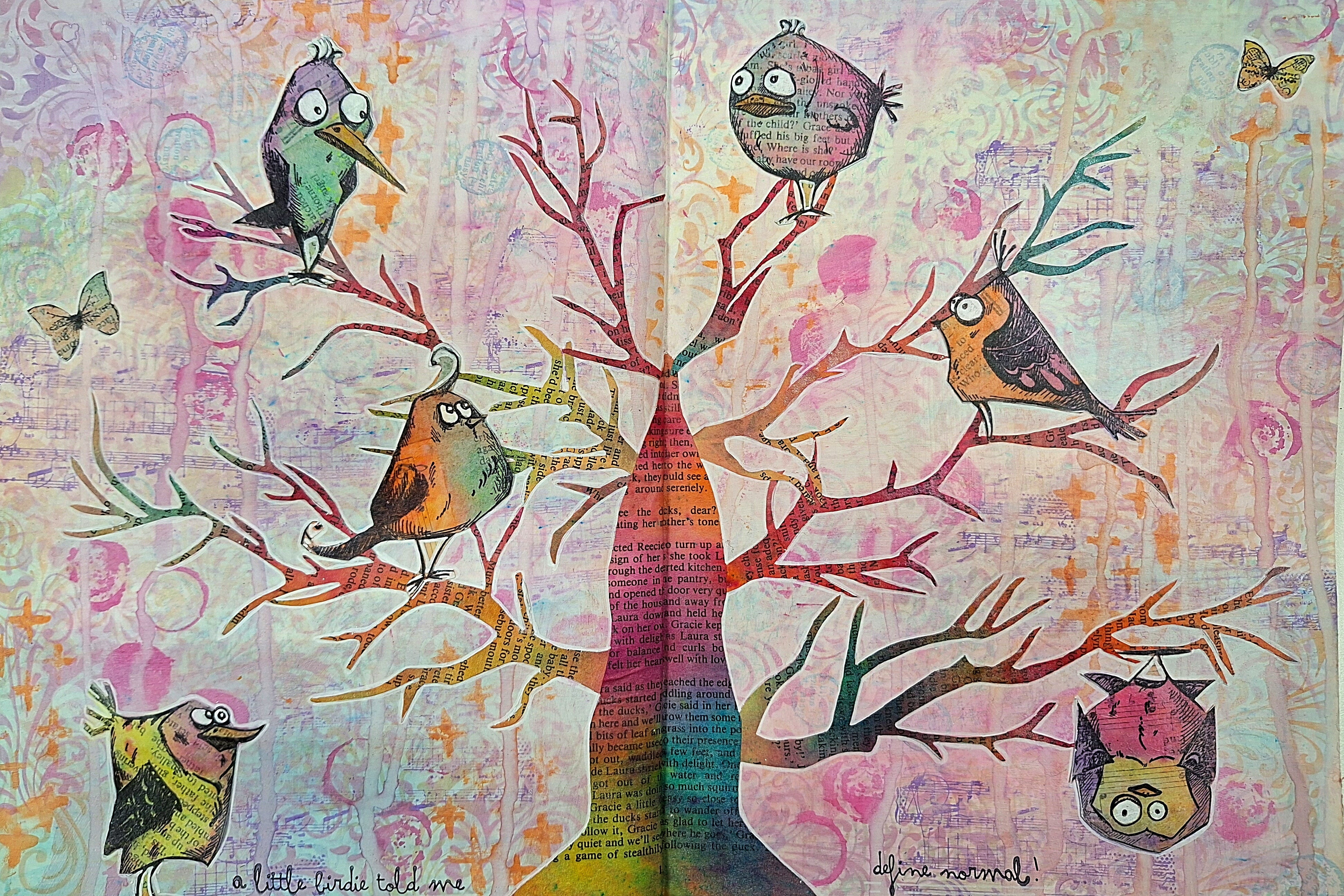 Colorful artwork of birds perched on a tree with abstract background