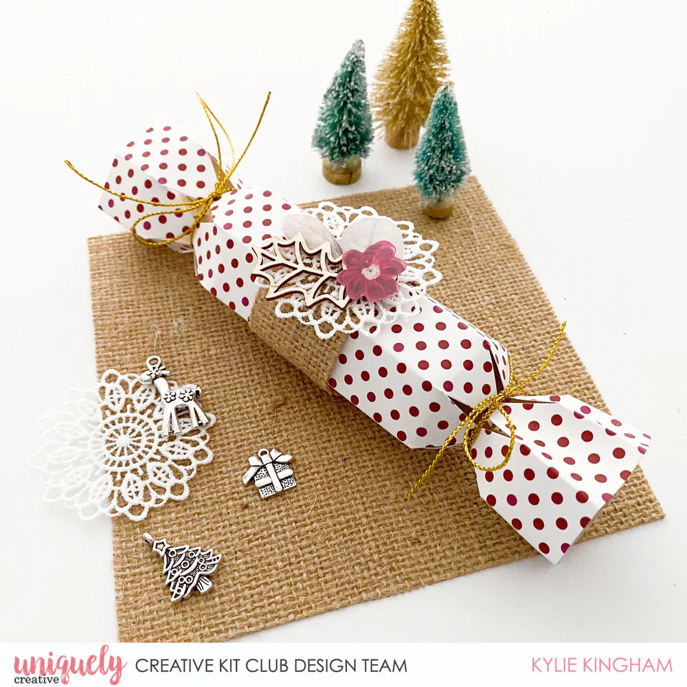 Completed bon bon shape cut using Uniquely Creative UCD2067 die, approximately 19mm x 190mm