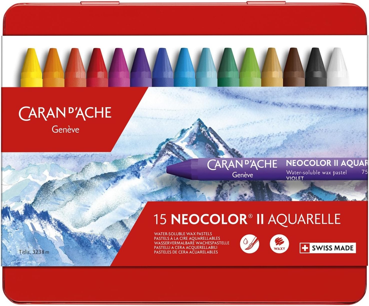 Caran d'Ache Neocolor II Aquarelle crayon set in a red tin. 15 pcs