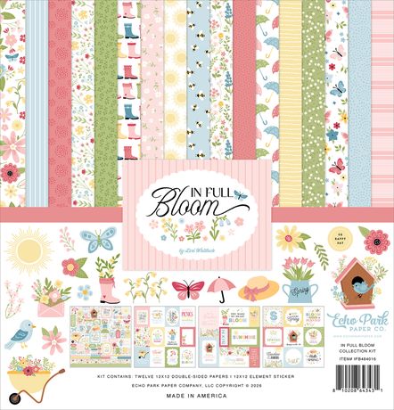 Collection of patterned paper strips with 'In Full Bloom' branding on a white background