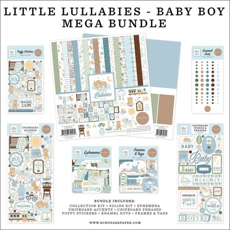 Collection of baby boy themed paper packs and stickers with 'Little Lullabies' branding.