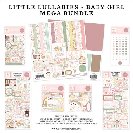 Collection of baby-themed paper products including cards, stickers, and embellishments with 'Little Lullabies - Baby Girl Mega Bundle' text.