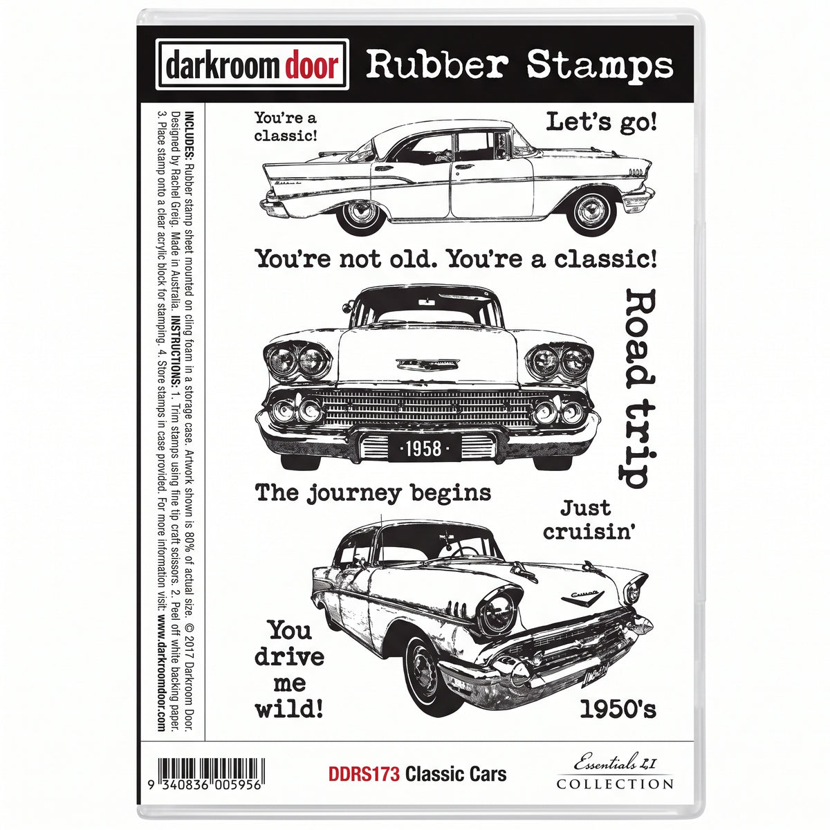 Darkroom Door Classic Cars cling rubber stamp set in its storage case, showing three vintage car designs and classic motoring sentiments.
