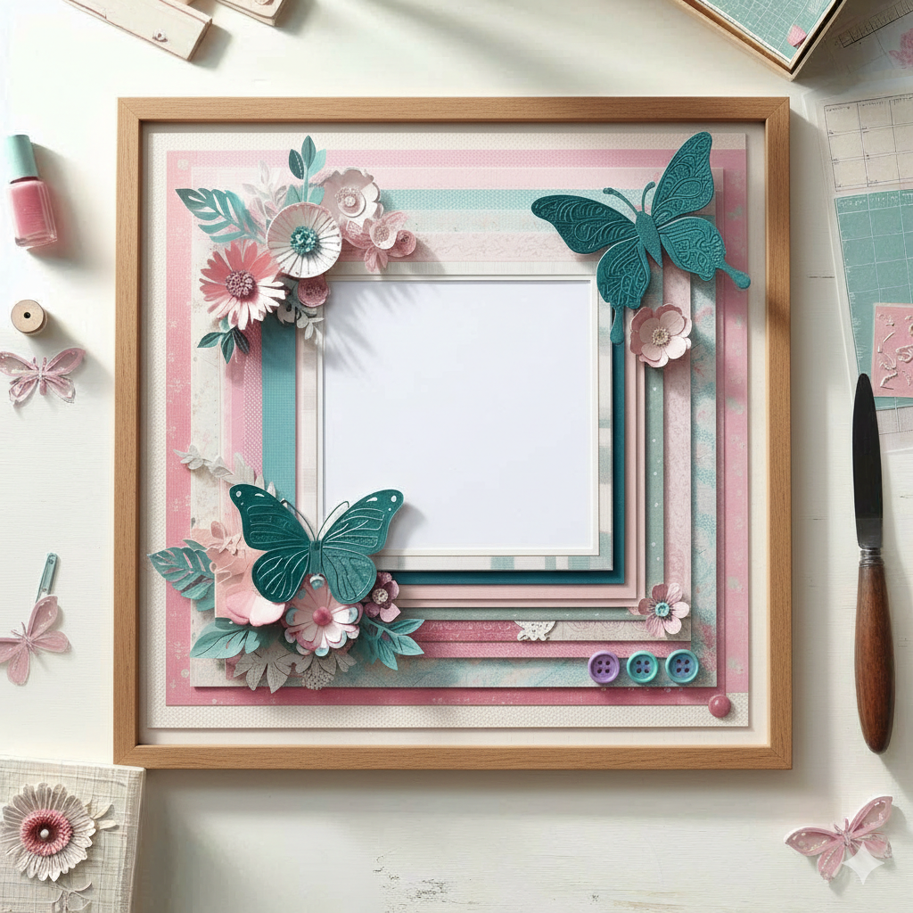 Decorative framed picture with flowers and butterflies on a table
