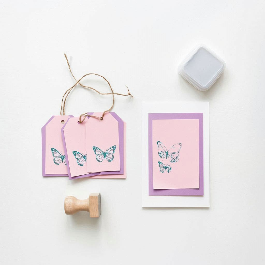 Pink cards with butterfly designs on a white background