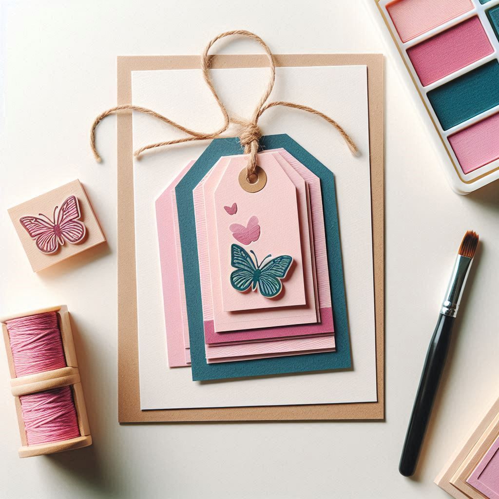 Stack of colorful paper tags with a butterfly design, surrounded by crafting supplies on a light background.