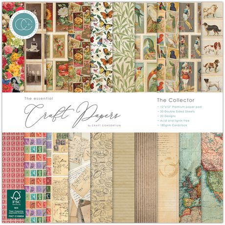 Collection of vintage-themed craft papers with a brand logo in the corner.