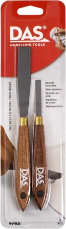Two DAS modeling tools with wooden handles on a red and white packaging background.