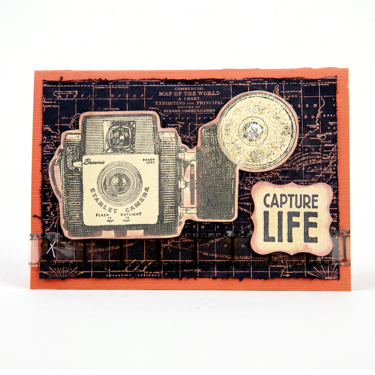 Darkroom Door Capture Life rubber stamps used to create a handmade card featuring a vintage camera and Capture Life sentiment.