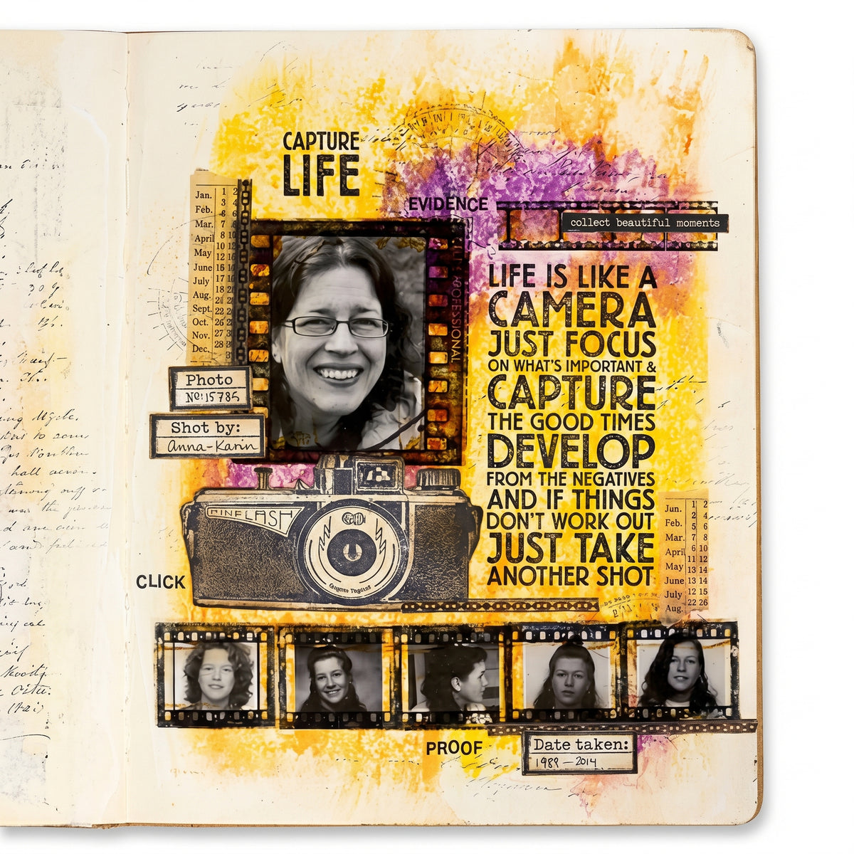 Darkroom Door Capture Life rubber stamps used in a colourful photography-themed art journal with camera images, filmstrip portraits and sentiments.