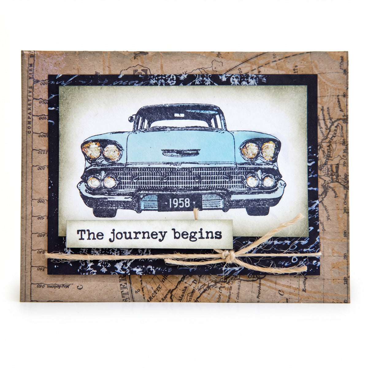 Darkroom Door Classic Cars rubber stamps used to make a handmade card featuring a blue classic car and “The journey begins” sentiment.
